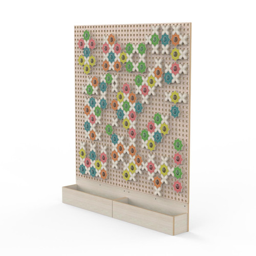 LiteZilla Kidworx Shimmer Shape Station Wall Activity, colorful wooden shapes arranged on a pegboard for kids' educational play.