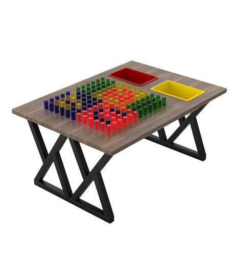 LiteZilla IllumiTable Light Bright Table, colorful game pieces and small bins on a wooden table.