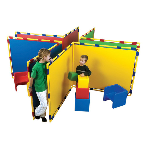 Children's Factory Corner Big Screen Play Panel - Available in 4 Colors, colorful play panels surrounding two kids playing with foam blocks.
