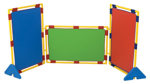 Children's Factory Rectangular Rainbow Play Dividers - Set of 3, colorful plastic building blocks with vibrant red, blue, green, and yellow panels for children's play and separation.