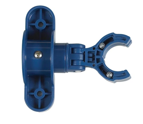 Children's Factory Play Panel Gate Latch Attachment, blue plastic gate latch attachment with screw-in mechanism for safety and easy installation.