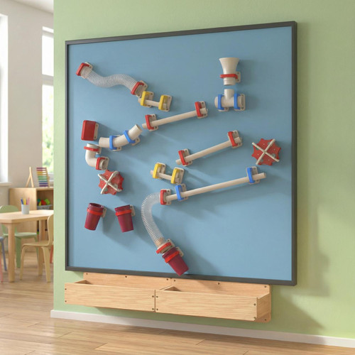 LiteZilla MagWiz Magnetic STEM Kinetics Wall Ball Run - 5x5, interactive wall-mounted marble run game with colorful pipes, connectors, and balls.