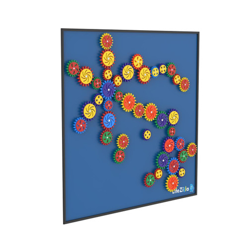 LiteZilla MagWiz Magnetic Sensory Gears STEM Wall Activity, colorful interconnected gears on a blue wall for sensory and STEM learning.