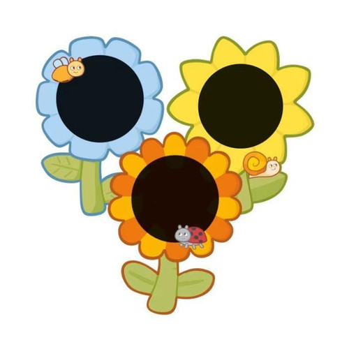 HABA Pro Flower-shapes Indoor/Outdoor Chalkboard Set, colorful flower-shaped chalkboard with ladybug and snail illustrations for children.
