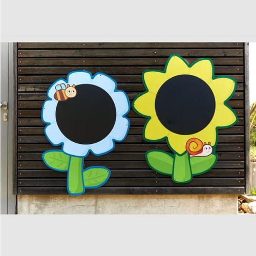 HABA Pro Flower-shapes Indoor/Outdoor Chalkboard Set, colorful flower-shaped chalkboards with cartoon bees and snails for children, suitable for outdoor and indoor use.