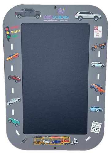 Playscapes Cars Magic Hands On Wall Toy, an interactive wall-mounted magnetic car playboard with road signs and vehicle illustrations.