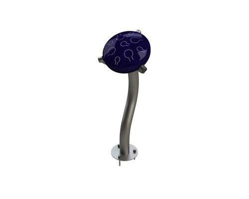 Freenotes Calypso Outdoor Tongue Drum, mounted outdoor percussion instrument with a curved metal stand and blue drum surface with musical note patterns.