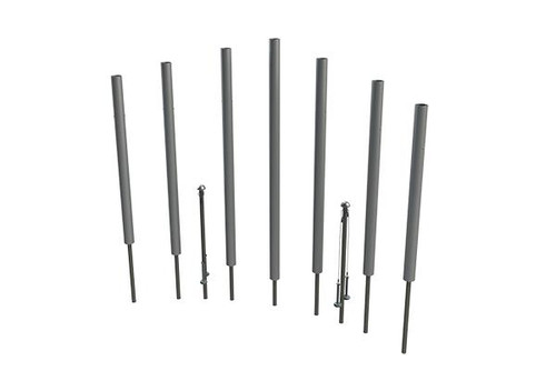 Freenotes Contrabass Outdoor Chimes, a set of large, metallic outdoor wind chimes with tall, silver tubes of varying lengths.