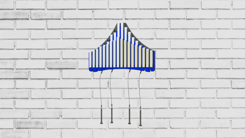 Freenotes Duet Outdoor Metallophone, colorful metal musical instrument mounted on a white brick wall.