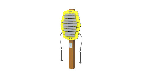 Freenotes Harmony Hive Outdoor Metallophone, colorful yellow musical instrument with metal bars arranged on a vertical stand for outdoor play.