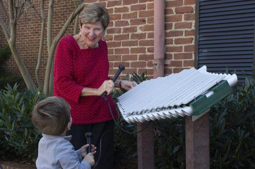 Freenotes Pegasus Metallophone, outdoor musical instrument with a woman and child playing and enjoying music together.