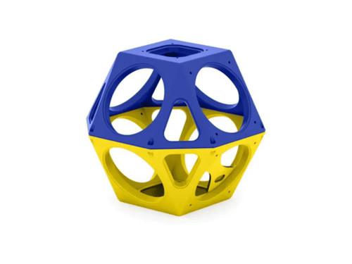 World Klass Play Qubest Climbing Cube, colorful geometric climbing toy with interconnected open panels in blue and yellow for children's play and physical activity.