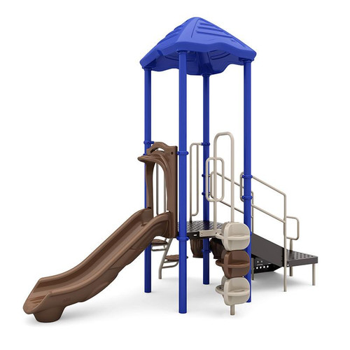 World Klass Play Willow Hut Playground Climber, a blue and brown plastic outdoor play structure with a slide, climbing steps, and a small platform for children's fun.