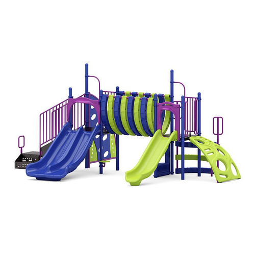 World Klass Play Blue Water Cover Commercial Playground Structure, vibrant blue and green play equipment with multiple slides, tunnels, and safety railings for children's outdoor entertainment.