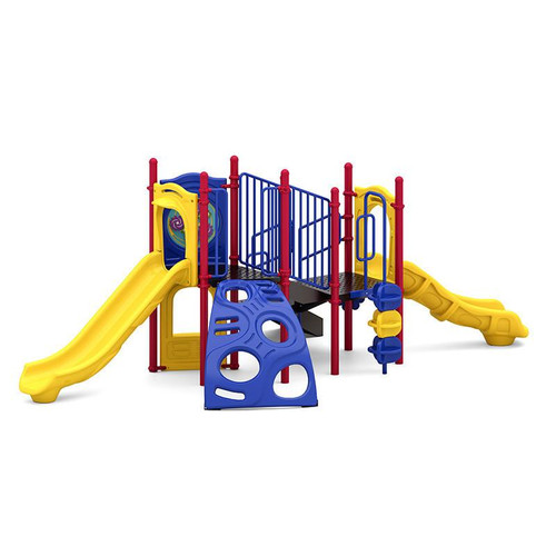 World Klass Play Boulder Dash Commercial Playground Structure, colorful playground equipment with slides, climbing wall, and various play elements for children.