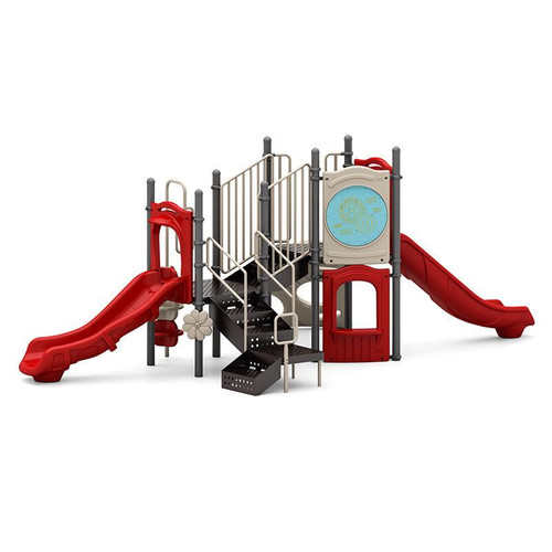 World Klass Play Boulder Dash Commercial Playground Structure, modern playground equipment with red slides, climbing features, and interactive panels for children
