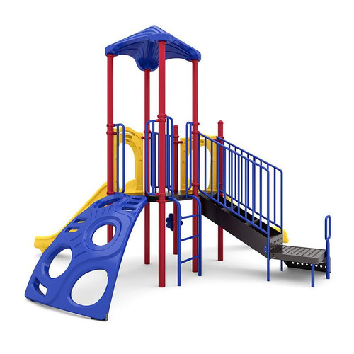 World Klass Play Breezy Peak Commercial Playground Structure, colorful outdoor playset with slides, climbing features, safety rails, and a shaded top canopy.