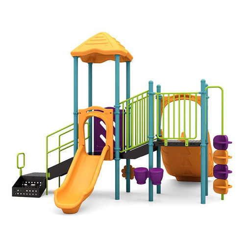 World Klass Play Double Rush Commercial Playground Structure, colorful outdoor play equipment with slides, climbing features, and various activity stations for children.