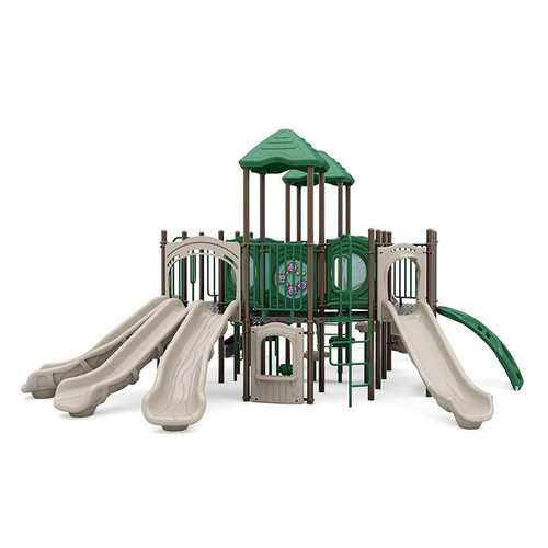 World Klass Play Quad Rush Commercial Playground Structure, large multi-level outdoor playground with multiple slides, climbing areas, and a shaded roof for kids' play and entertainment.