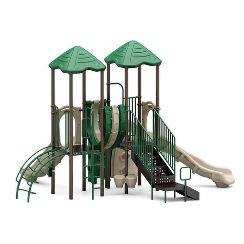 World Klass Play Ridge Warp Commercial Playground Structure, multi-level playground with slides, tunnels, climbing features, and green and beige color scheme.