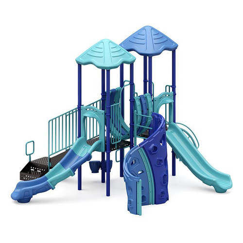 World Klass Play Ridge Warp Commercial Playground Structure, modern multi-level play structure with slides, climbing walls, and shade canopies in shades of blue for children's outdoor play.