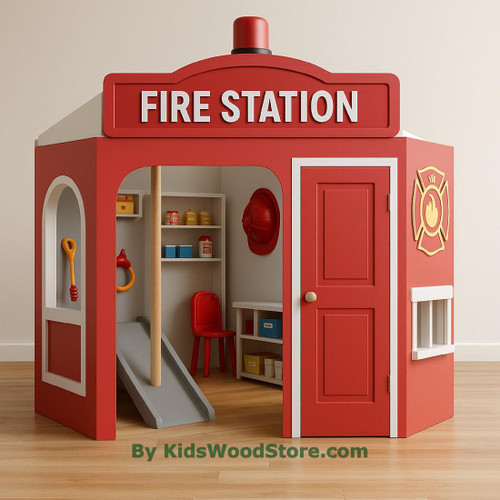 Kid's Wood Store Wooden Fire Station Playhouse - Indoor or Outdoor, colorful children’s playhouse designed as a fire station with realistic details and accessories.