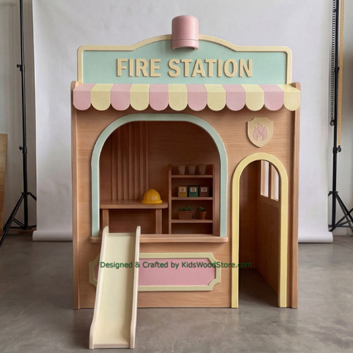 Fire Station Wooden Playhouse w/Furniture - Indoor or Outdoor