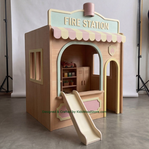 Fire Station Wooden Playhouse w/Furniture - Indoor or Outdoor