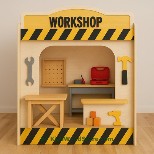 Kid's Wood Store Workshop Wooden Playhouse - Indoor or Outdoor, miniature wooden workshop playhouse with tools and workbench for kids.