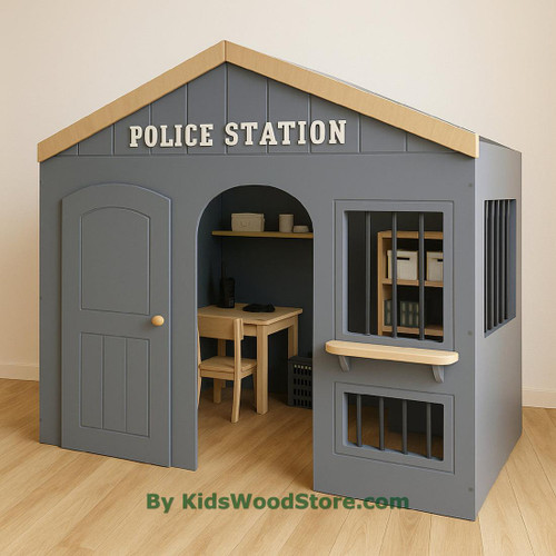 Kid's Wood Store Police Station Wooden Playhouse - Indoor or Outdoor, gray wooden playhouse with police station sign, windows, door, and role-play furniture inside.