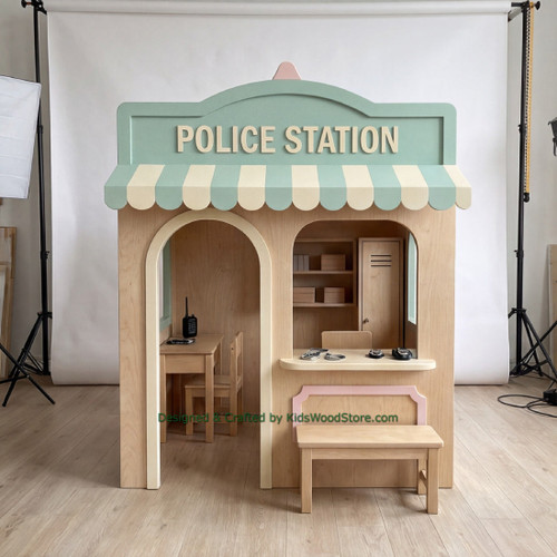 Police Station Wooden Playhouse w/Awning & Furniture - Indoor or Outdoor