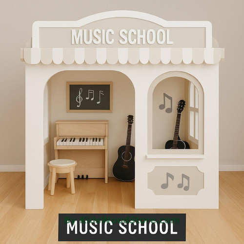 Kid's Wood Store Music School Wooden Playhouse - Indoor or Outdoor, miniature playhouse resembling a music school with a chalkboard, keyboard, two acoustic guitars, musical notes decorations, and a small stool.