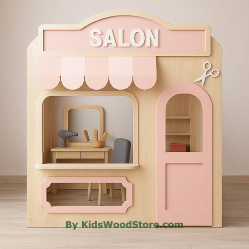 Kid's Wood Store Salon Wooden Playhouse - Indoor or Outdoor, pink and beige miniature dollhouse resembling a salon with a 'SALON' sign, shopping window, and scissors decoration, designed for children's pretend play.