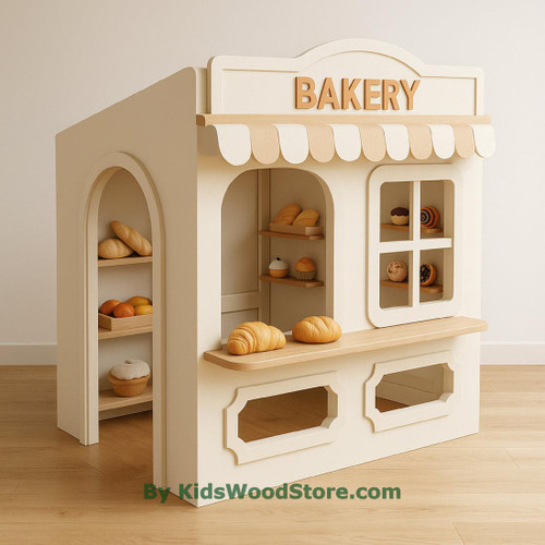 Kid's Wood Store Bakery Wooden Playhouse - Indoor or Outdoor, white and beige toy shop with shelves of pretend baked goods and a bakery sign on top.