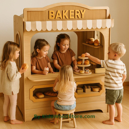 Kid's Wood Store Bakery Wooden Playhouse - Indoor or Outdoor, children playing with bakery items at the toy bakery shop