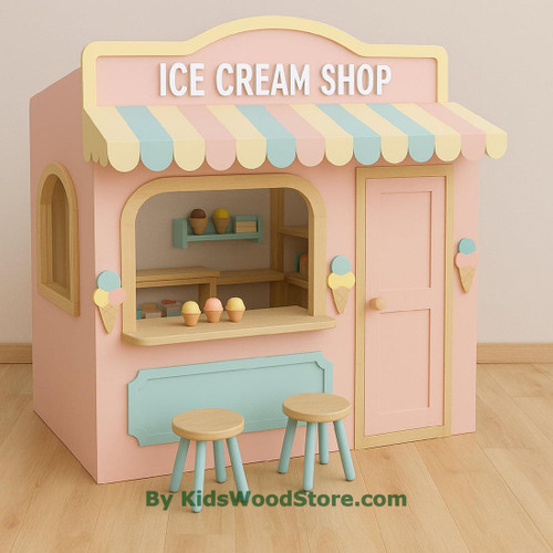 Kid's Wood Store Ice Cream Shop Wooden Playhouse - Indoor or Outdoor, pastel pink and blue ice cream shop playhouse with striped canopy and ice cream cone decorations.