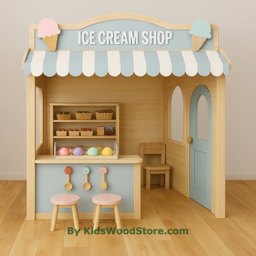 Kid's Wood Store Ice Cream Shop Wooden Playhouse - Indoor or Outdoor, a colorful wooden kids' playhouse designed like an ice cream shop with pastel colors, shelves with wooden ice cream and fruit toys, and a small counter with stools.