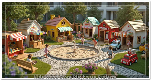 Kids Wood Store Art Studio Wooden Playhouse - Indoor or Outdoor, colorful miniature playhouses with children playing around a fountain and toy cars in a landscaped yard.