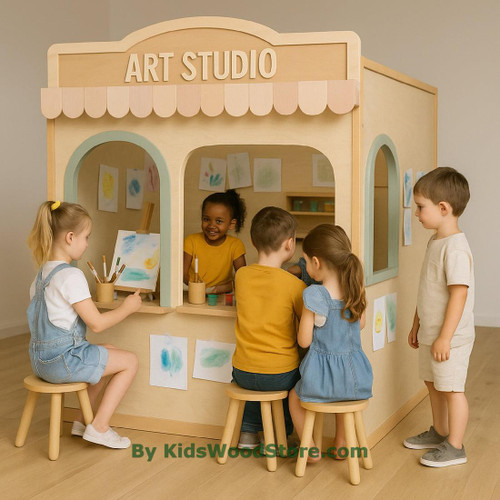 Kid's Wood Store Art Studio Wooden Playhouse - Indoor or Outdoor, children engaging in creative arts and crafts at a playhouse with art supplies and drawings on the walls.