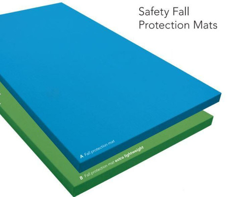 HABA Pro Safety Fall Protection Mats, blue and green lightweight fall protection mats stacked for safety in playgrounds or gyms.