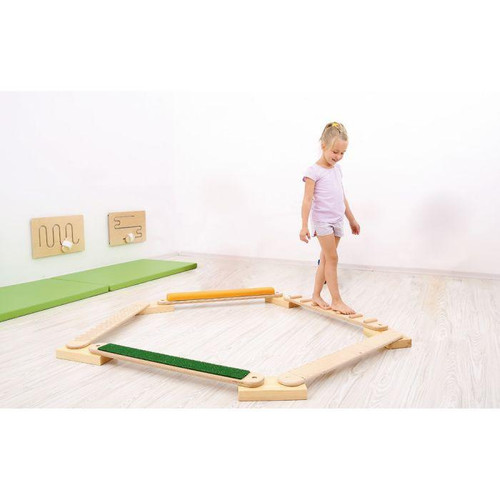 Moje Bambino Small Check Balance Board, a wooden balance board designed for kids with a small check pattern for fun and skill development.