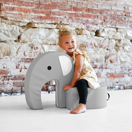 Children's Factory Emmy the Elephant Foam Chair, a soft gray foam chair designed for children with an elephant shape, a white ear and a small black eye, used as playful kids' furniture.