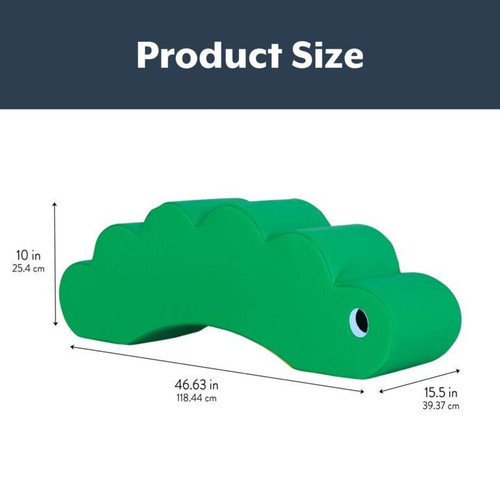 Children's Factory Coco-Crawling Caterpillar Foam Toddler Chair, green foam crawling caterpillar-shaped toddler chair with dimensions 46.63 inches in length, 10 inches in height, and 15.5 inches in width.