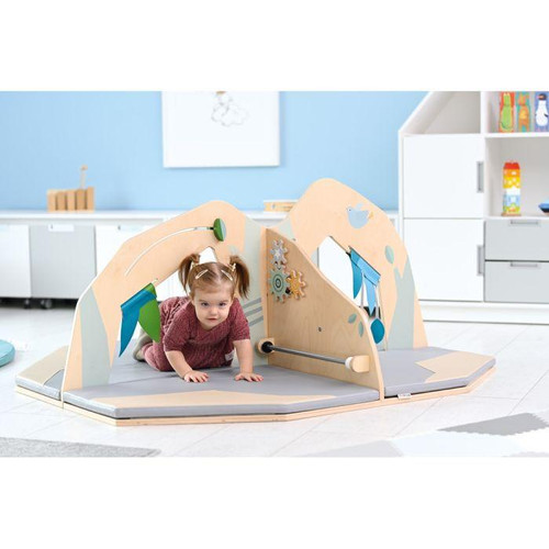 Moje Bambino Little Explorer Play Island Activity Center, Wooden baby play structure with climbing and crawling features for children.