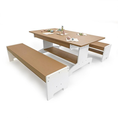 Whitney Brothers outdoorED™ Table and Two Bench Set, outdoor children's dining and activity set with sturdy wooden table and matching benches with a white finish, ideal for outdoor use in school or playground settings.
