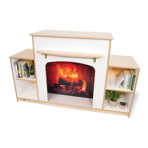 Whitney Brothers Warm and Welcoming Fireplace - White, child-friendly fireplace with a realistic fire image, built-in bookshelf on each side, and a small shelf above the fireplace