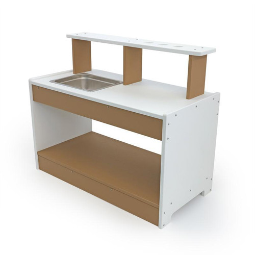 Whitney Brothers outdoorED™ Mud Kitchen, children's outdoor play kitchen with a sink and storage shelf, made of durable wood with white and brown finish.