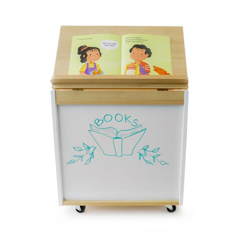 Whitney Brothers elevatED™ Mobile Big Book Display, portable mobile book display with a whiteboard surface and wooden top, designed for educational settings, showcasing a colorful children's book open for viewing.