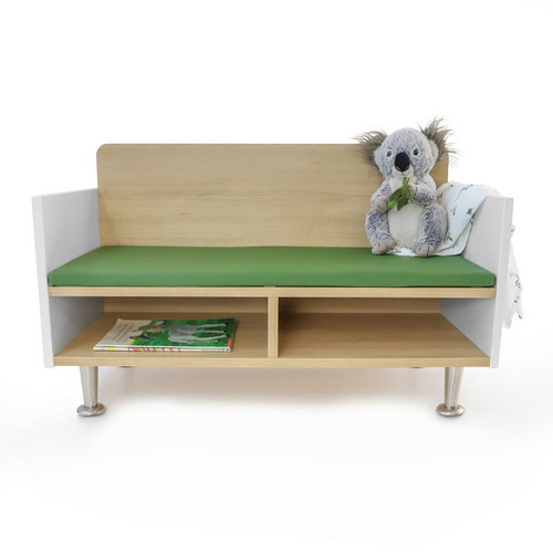 Whitney Brothers elevatED Children's Sofa, wooden children's sofa with a green cushioned seat, storage shelf underneath, and plush koala teddy bear on the side.