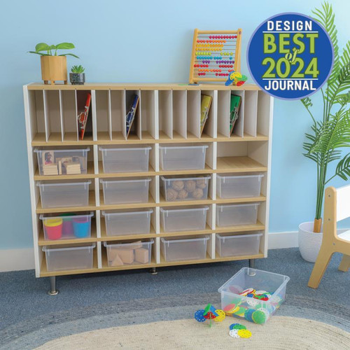 Whitney Brothers elevatED™ Classroom Organizer, multi-compartment educational storage unit with clear plastic bins and vertical dividers in a classroom setting.